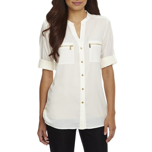 Calvin Klein Tops - Calvin Klein Zip Pocket Roll Tab Blouse